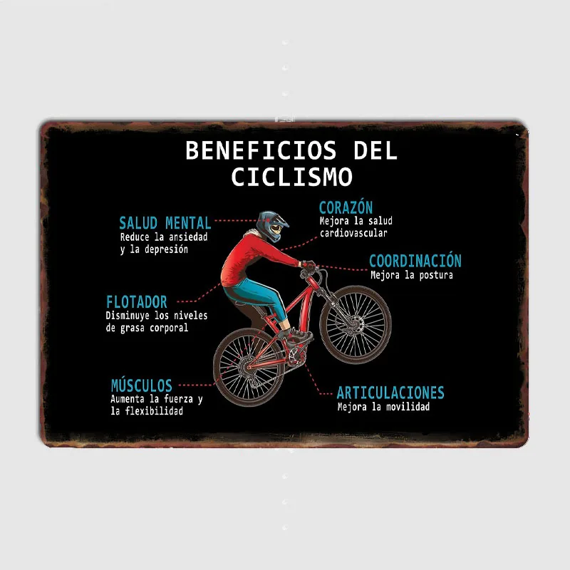 Mountain Biking Benefits - Plakat z korzyściami kolarstwa, metalowy szyld